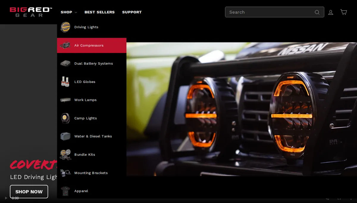 Full width, black, two columns