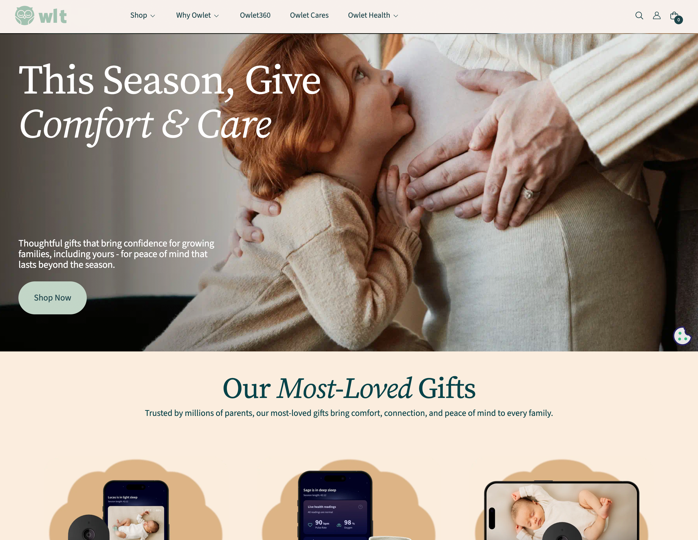 Website page with a product display and promotional text on a beige background